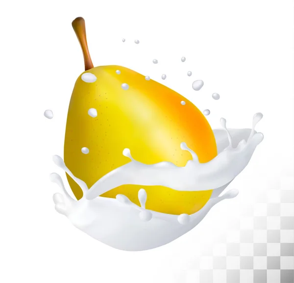 Ripe yellow pear in a milk splash on a transparent background. V — Stock Vector