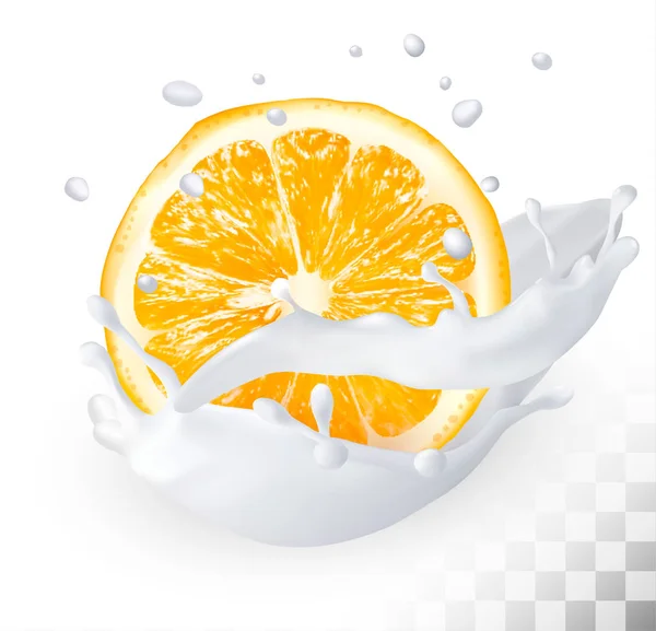 Naranja en un chorrito de leche sobre un fondo transparente. Vector . — Vector de stock