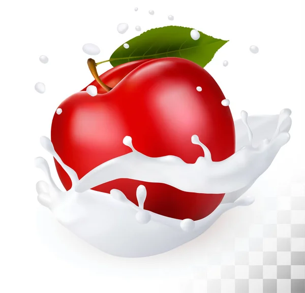 Red apple in a milk splash on a transparent background. Vector. — Stock Vector