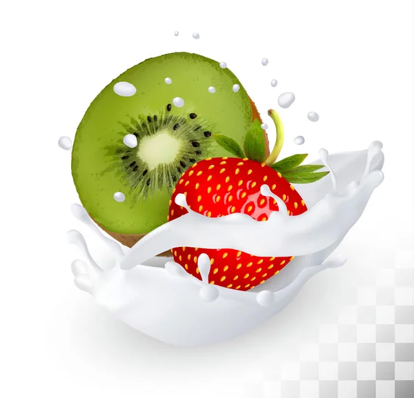 Fresa y kiwi en un chorrito de leche sobre un fondo transparente — Vector de stock