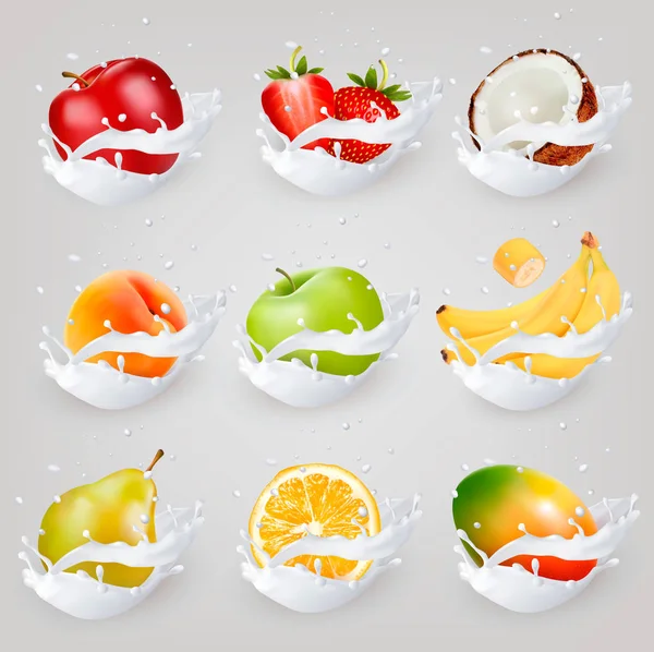 Stor samling ikoner av frukt i en mjölk-splash. Äpple, mango, ba — Stock vektor