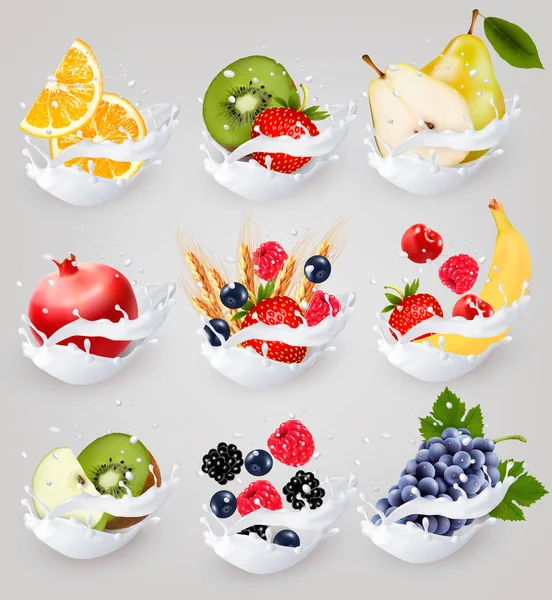 Stor samling ikoner av frukt i en mjölk-splash. Hallon, halm — Stock vektor