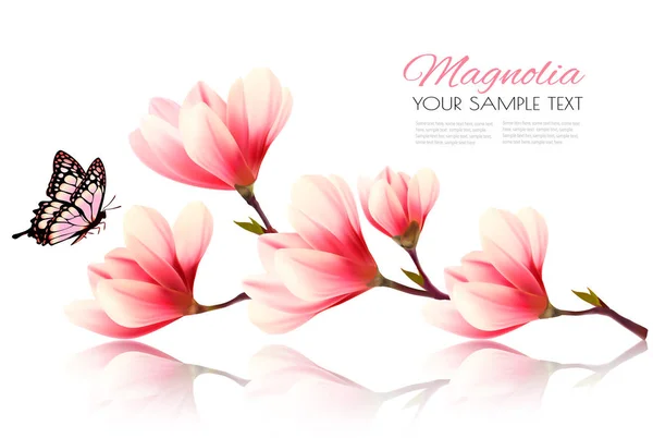 Beautiful pink magnolia background with butterfly. Vector. — Stock Vector
