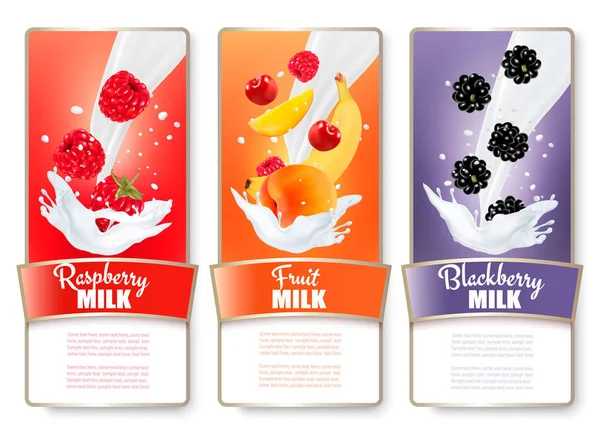 Set van drie etiketten van fruit en bessen in melk spatten. Raspb — Stockvector
