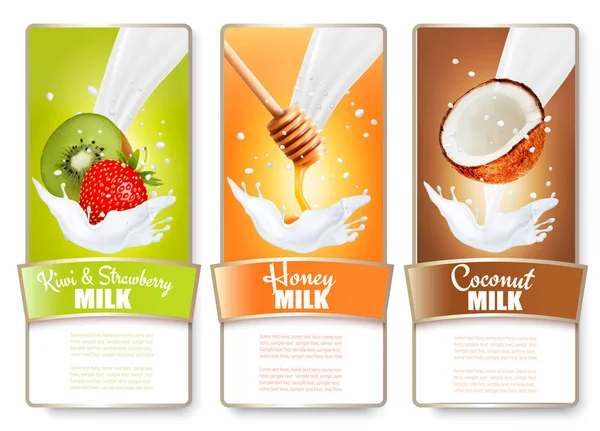 Set of three labels of fruit and berries in milk splashes. Kiwi, — Stock Vector