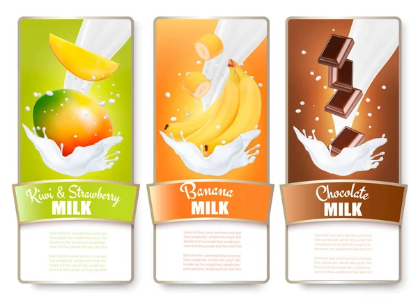Set of three labels of fruit in milk splashes. Mango, bananas, c — Stock Vector