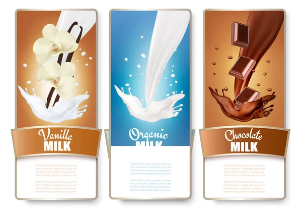 Uppsättning av tre etiketter för mjölk, choklad och vanilj mjölk splashes — Stock vektor