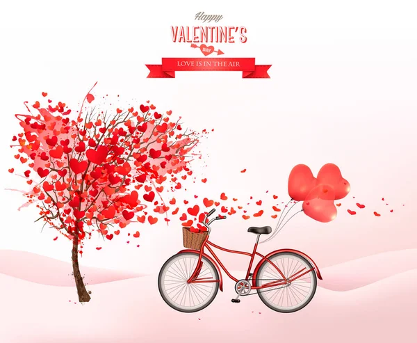 Valentine holiday background with heart shaped tree and bicycle — Stock Vector