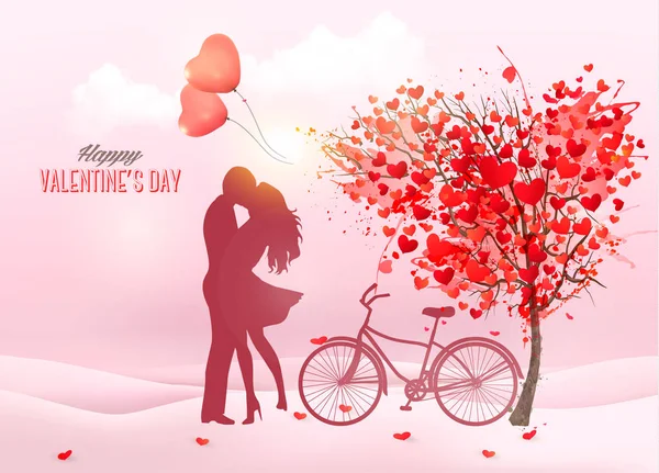 Valentine's Day background with a kissing couple silhouette, hea — Stock Vector