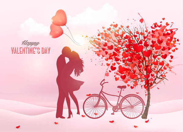 Valentine's Day background with a kissing couple silhouette, hea