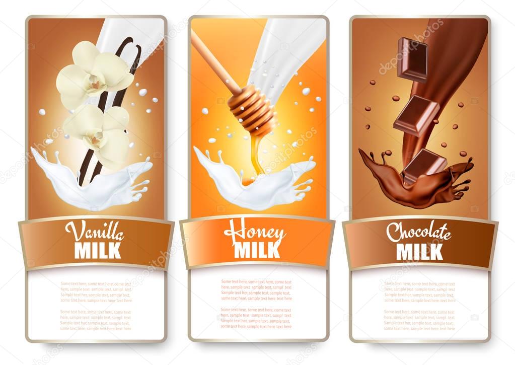 Set of three labels of chocolate, honey and vanilla milk splashe