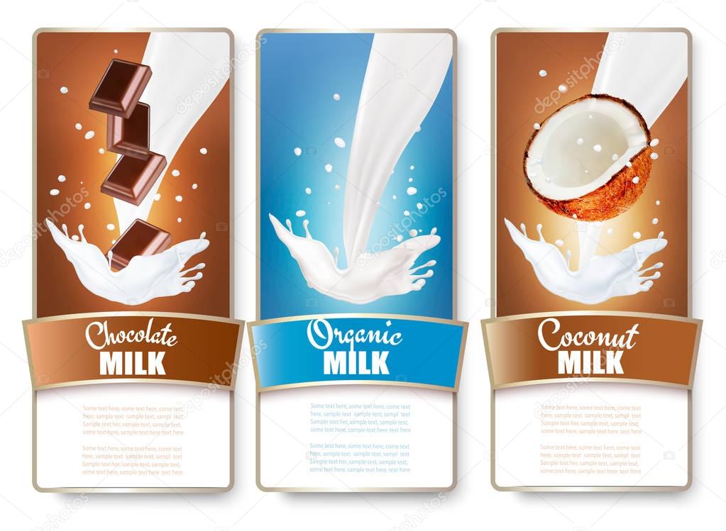 Set of three labels of chocolate and coconut milk splashes. Vect