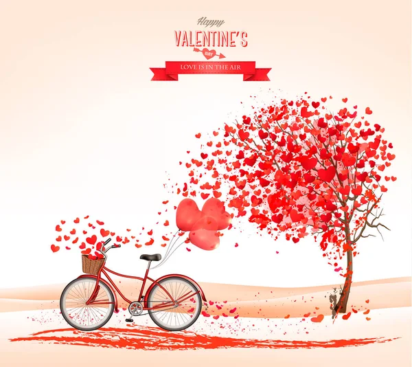 Fondo del Día de San Valentín con un árbol en forma de corazón y una bicicleta — Archivo Imágenes Vectoriales
