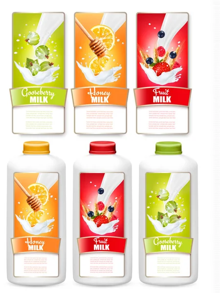 Set de tres etiquetas de fruta en salpicaduras de leche y biberones con etiquetas. Kiwi, fresa, miel, coco. Vector . — Vector de stock