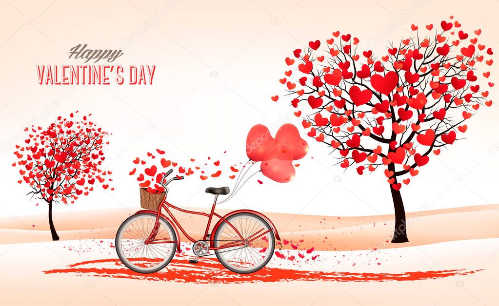 Valentine's Day background with a heart shaped trees and a bicyc