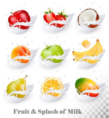 Bir süt sıçrama meyve büyük koleksiyonu. Elma, mango, muz, 