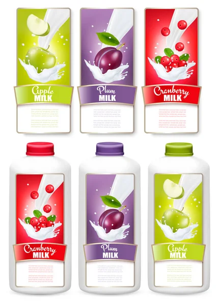 Set of three labels of fruit in milk splashes. Apple, plum, cran — Stock Vector