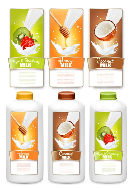 Set of three labels of  fruit in milk splashes and bottles with tags. Kiwi, strawberry, honey, coconut. Vector. — Stock Vector