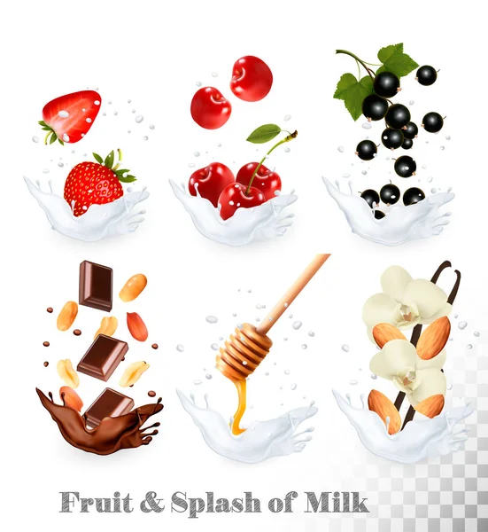 Big collection of icons of fruit and berries in a milk splash. S — Stock Vector
