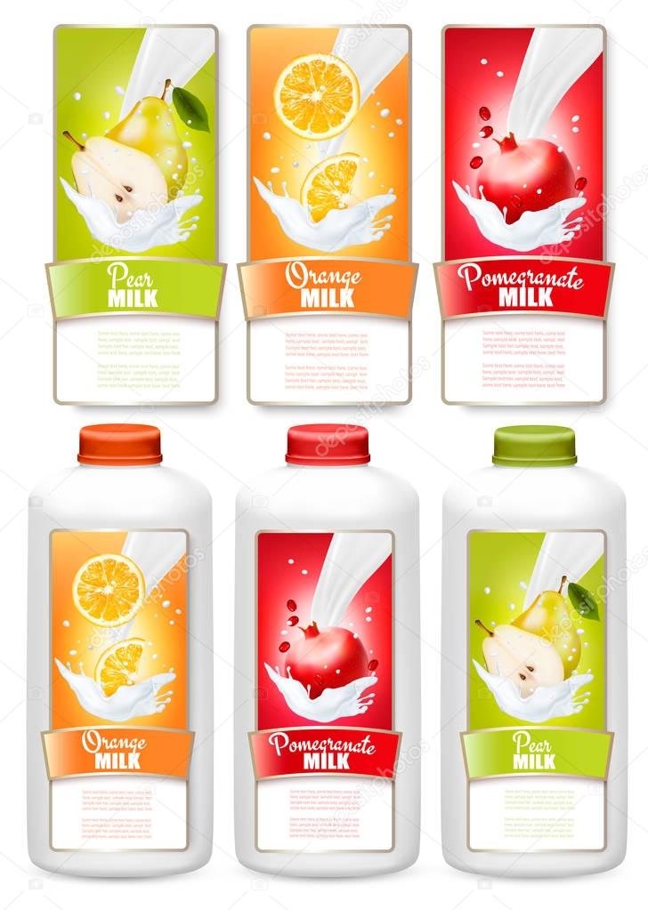 Set of three labels of of fruit in milk splashes. Pear, orange, 