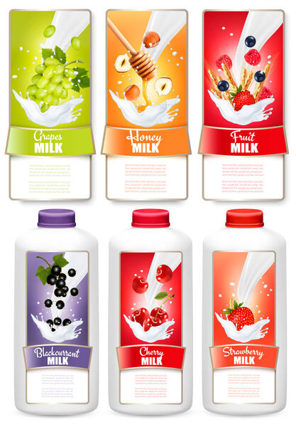 Set of three labels of fruit and berries in milk splashes. Grape