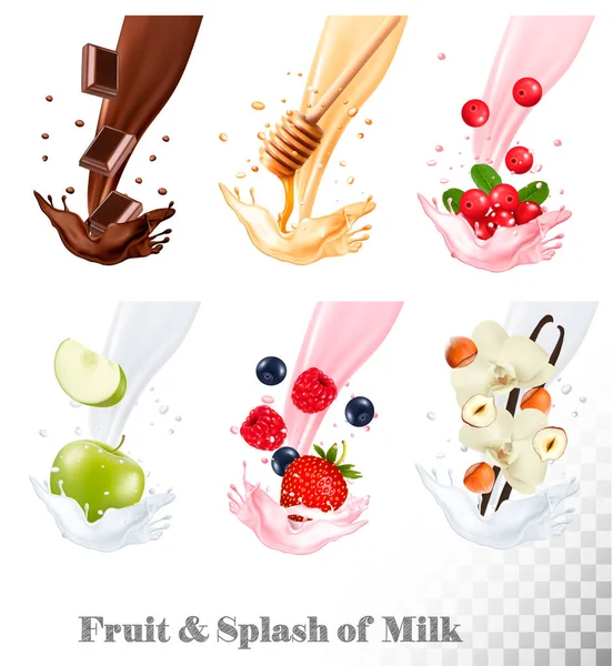 Big collection of fruit and berries in a milk splash. Raspberry, — Stock Vector