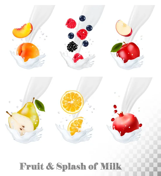 Big collection of icons of fruit and berries in a milk splash. P — Stock Vector