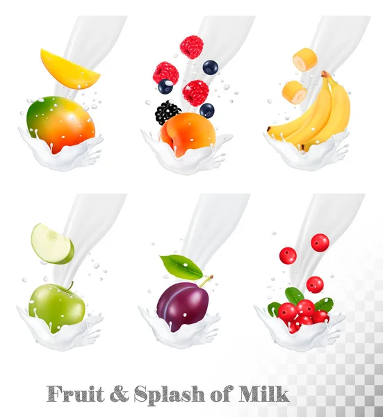 Big collection of icons of fruit and berries in a milk splash. S — Stock Vector