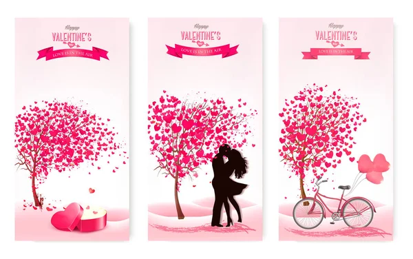 Tres pancartas de San Valentín con árboles rosados y corazones. Vector — Archivo Imágenes Vectoriales