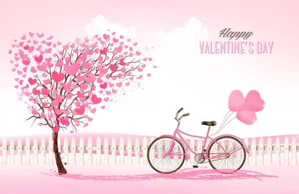 Sfondo San Valentino con un albero a forma di cuore e una bicicletta — Vettoriale Stock