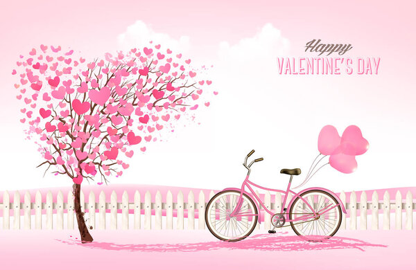 Valentine's Day background with a heart shaped tree and a bicycl