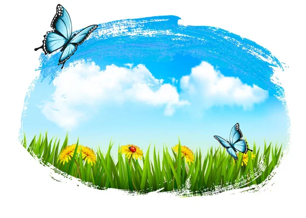 Natuur achtergrond met groene gras, bloemen en een vlinder. VEC — Stockvector