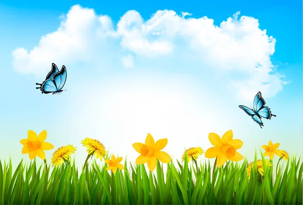 Nature background with green grass, flowers and a butterfly. Vec — Stock Vector