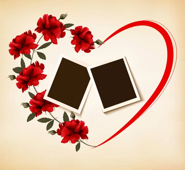 Valentine's day background with photos and roses. Vector. — Stock Vector