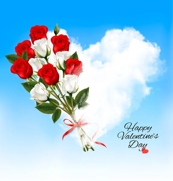 Valentine background with heart cloud and red flowers. Vector. — Stock Vector