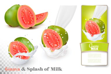 Guava süt sıçrama ve şeffaf bir arka plan üzerinde etiketi. Ve