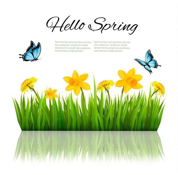 Fondo de la naturaleza de primavera con hierba verde, flores y una mariposa. Vector . — Archivo Imágenes Vectoriales