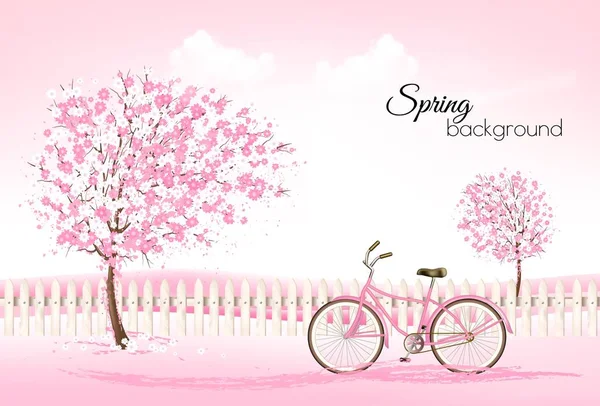 Beautiful spring nature background with a blossoming trees and b — Stock Vector