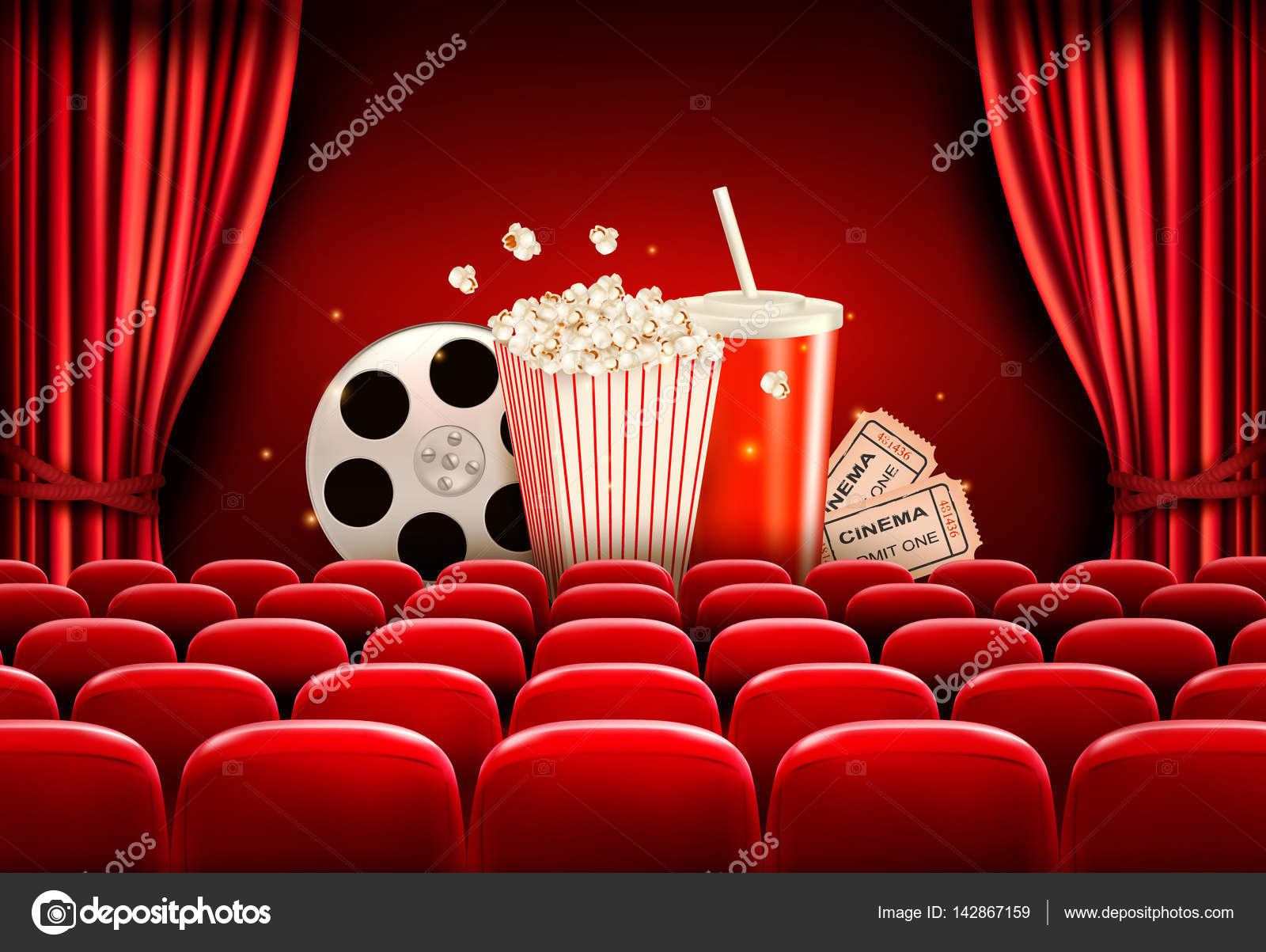 Kino-Hintergrund mit einer Filmrolle, Popcorn, Getränk und tickets