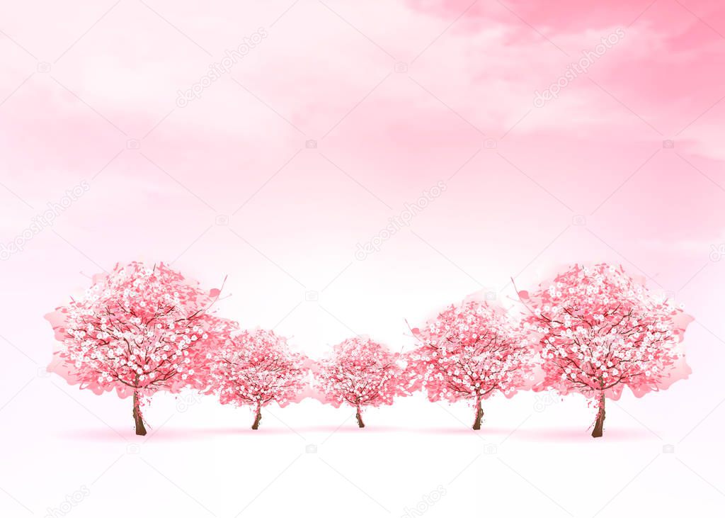 Spring nature background with a pink blooming sakura tree. Vecto