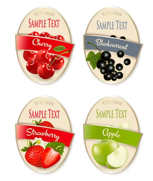 Set of labels of berries and fruit. Strawberry, blackcurrant, ch — Stock Vector