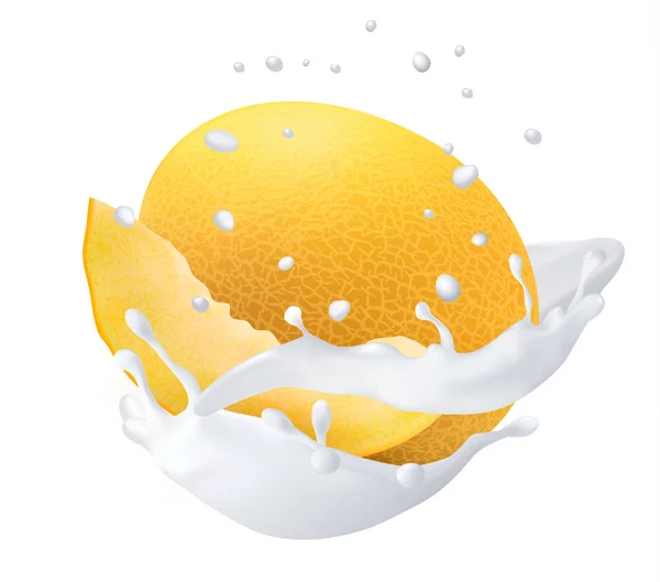 Melón de Miel Amarillo en un chorrito de leche. Vector — Vector de stock