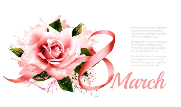 3 月 8 日ビンテージ イラスト。リボンとピンクのバラ。ベクトル. — ストックベクタ