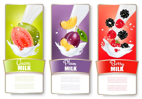 Set of three labels of fruit in milk splashes. Apple, plum, cran — Stock Vector