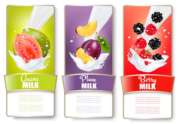 Set of three labels of fruit in milk splashes. Apple, plum, cran