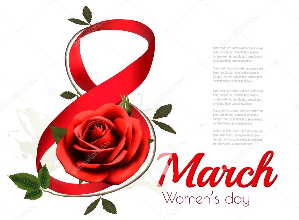 8th March illustration with red rose. International Women's Day.