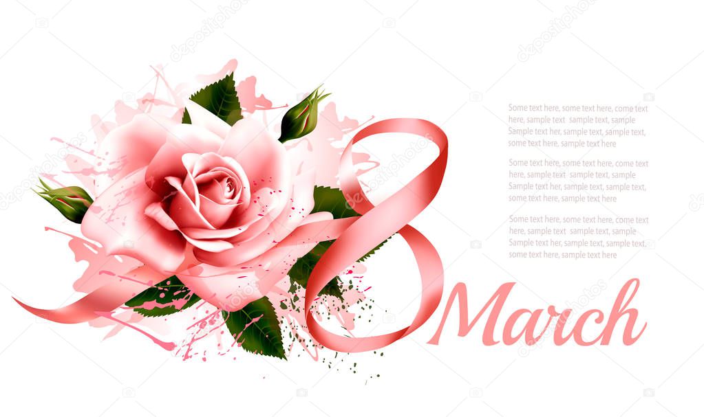 8th March vintage illustration. Pink rose with ribbon. Vector.