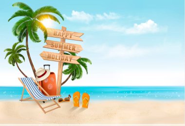 Sahil tatil vektör. Seyahat öğeler sahilde. 