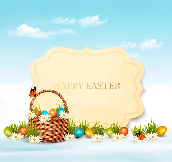 Happy Easter background. Eggs in a basket. Vector. — Stock Vector