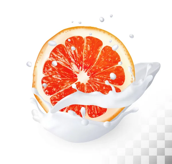 De rijpe grapefruit in een scheutje melk op een transparante achtergrond — Stockvector